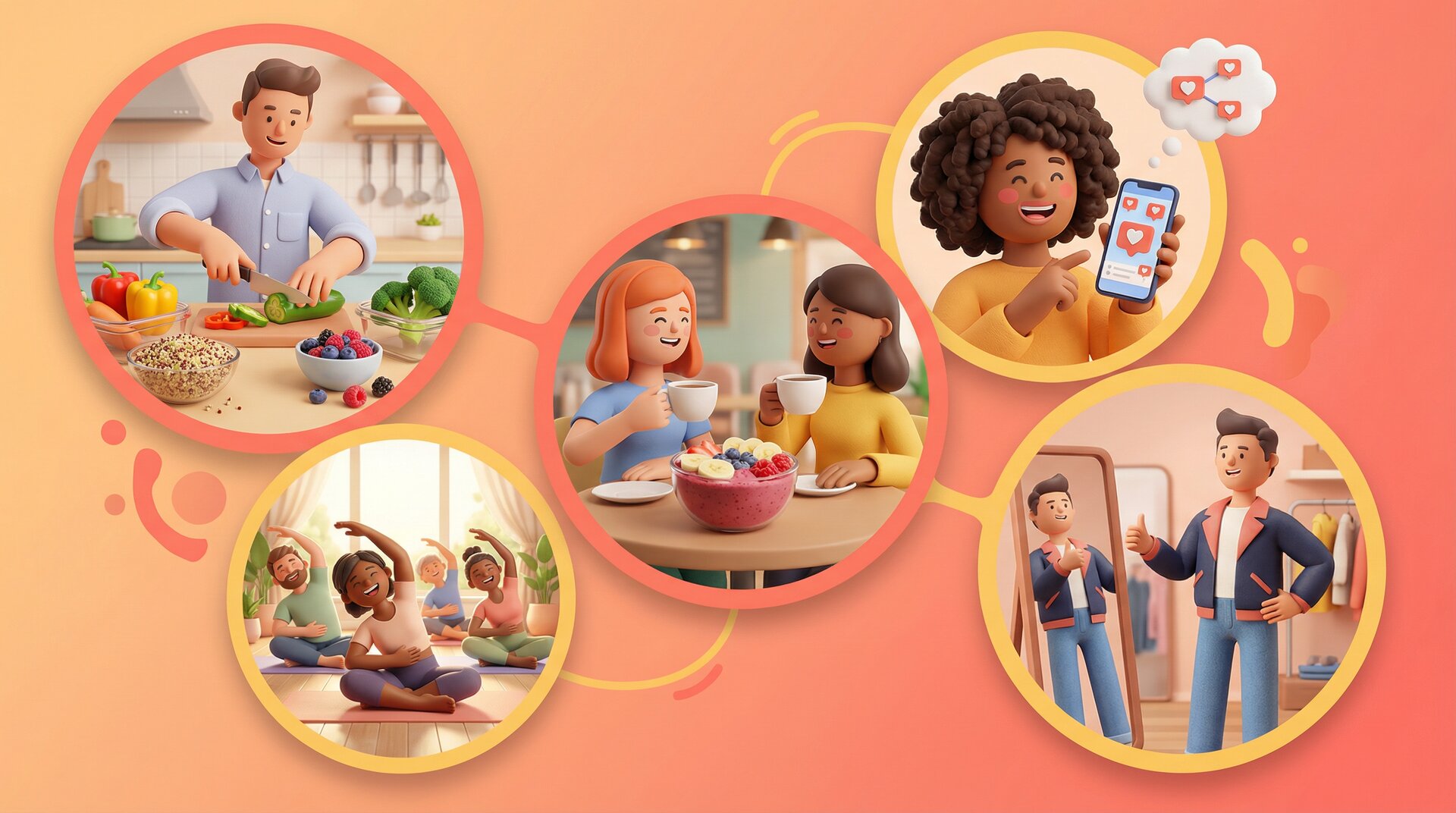 Playful 3D illustration of diverse happy people floating with healthy food and fashion items